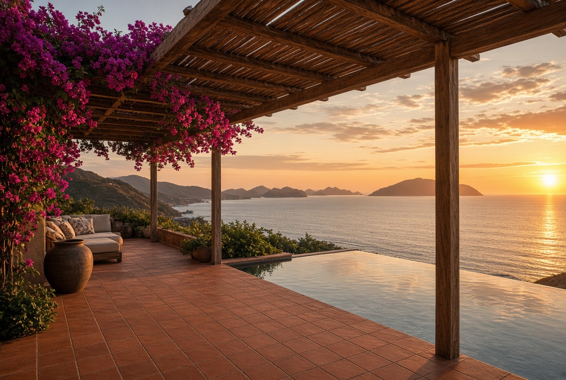 Illustrative ocean-view terrace